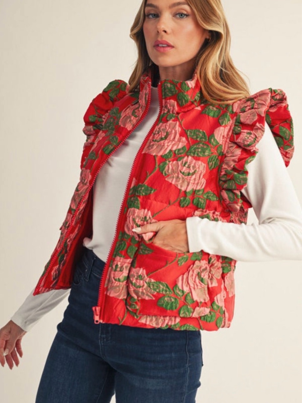 JODIFL Quilted Jacquard Floral Ruffle Shoulder Vest